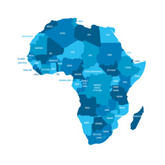 Political map of Africa. Blue colored land with country name labels on white background. Ortographic projection. Vector illustration