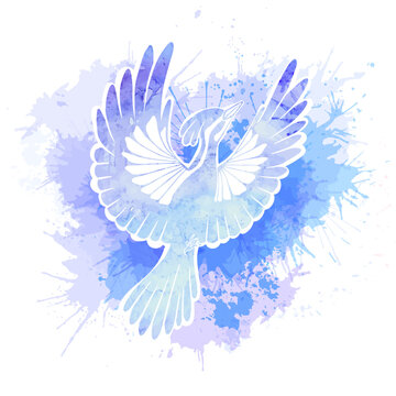 Vector illustration of a stylized bird with watercolor splashes on a white background. Painting of the silhouette of a flying bird. Clipart