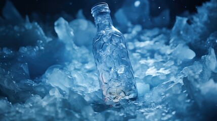 Clear glass bottle in a bed of crushed ice with cool blue tones - obrazy, fototapety, plakaty
