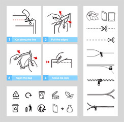 A set of icons for opening zip locks, tear notch on packaging. Set for package, shows the place of opening. Vector elements. Ready and simple to use for your design. EPS10. © realstockvector