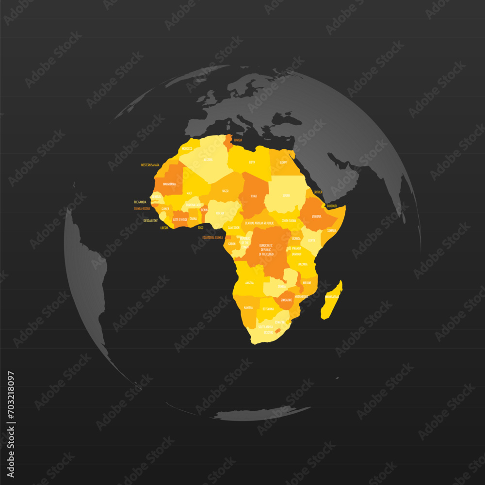 Canvas Prints political map of africa. yellow colored land with country name labels on dark gray background. ortog - Canvas Prints
