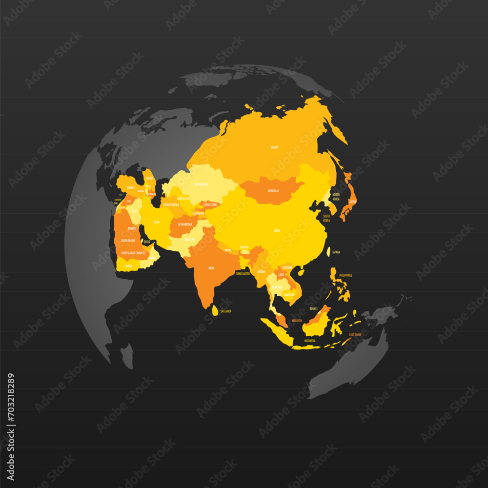 Wall mural Political map of Asia. Yellow colored land with country name labels on dark gray background. Ortographic projection. Vector illustration - Wall murals