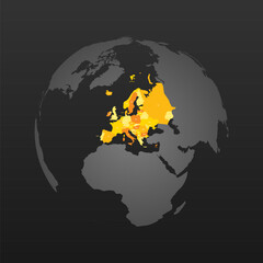 Political map of Europe. Yellow colored land with country name labels on dark gray background. Ortographic projection. Vector illustration