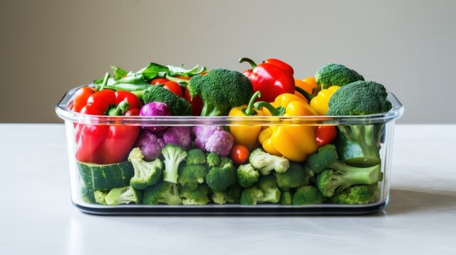 A transparent container filled with vibrant vegetables offers a rainbow of healthy options