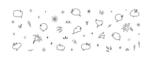 Cute line doodle speech bubble, stars, firework, heart, glitter, sparks. Celebration surprise hand drawn sketch design elements. Comic Japanese manga style. Think cloud, conversation, chat © Kseniia
