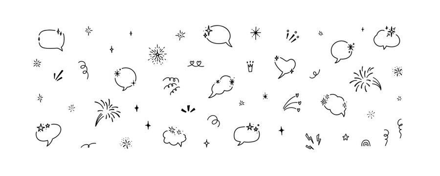 Cute line doodle speech bubble, stars, firework, heart, glitter, sparks. Celebration surprise hand drawn sketch design elements. Comic Japanese manga style. Think cloud, conversation, chat