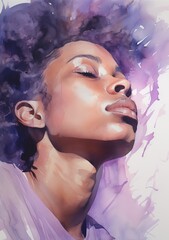 AI generated illustration of a young woman's portrait in purple watercolor