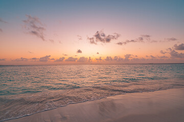 Sea sand sky concept, sunset colors clouds beachfront horizon. Inspire waves beams, meditation...
