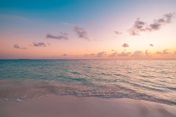 Fotobehang Sea sand sky concept, sunset colors clouds beachfront horizon. Inspire waves beams, meditation nature landscape, beautiful colors, wonderful scenery of tropical beach. Beachside travel summer vacation © icemanphotos