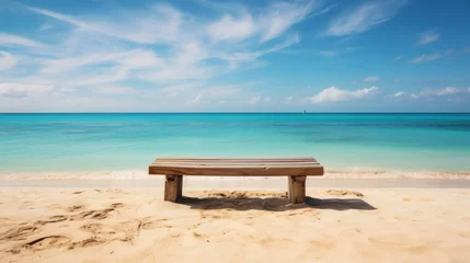 Foto op Canvas Untouched beach paradise awaits behind a rustic wooden table © maniacvector