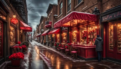 Obraz premium Valentine's Day-themed image, Urban cityscape, gorgeous decoration in the street, romantic ambiance, fantasy illustration. generative Ai