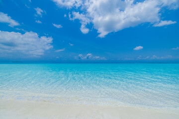 Closeup sandy beach, sunny blue sea sky. Panoramic beach landscape. Empty tropical beachfront and...