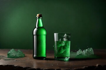 glass bottle beverage  template , green soda or beer brand advertising ,ice cubes in a glass