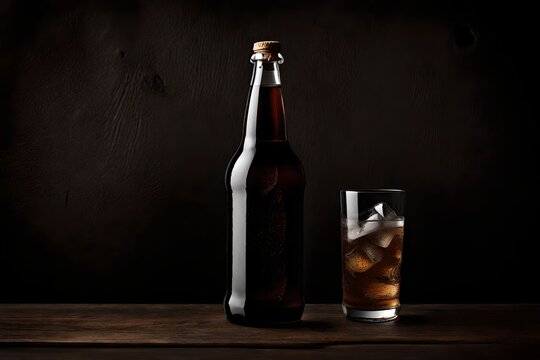 glass bottle beverage  template , brown soda or beer brand advertising , wooden background