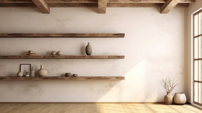Minimalist interior design with built in wall shelves and wooden beams. Wabi sabi concept, 3d render