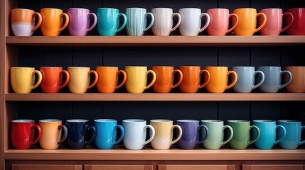 Rows of colorful ceramic mugs on a sunlit wooden shelf