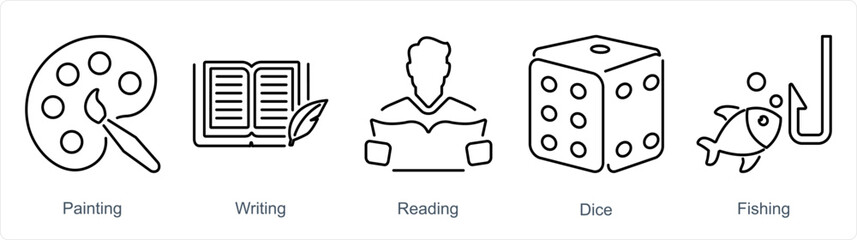 A set of 5 Hobby icons as painting, writing, reading