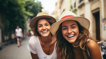 Naklejka premium Two happy young women wearing hats outdoors