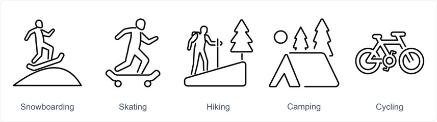 A set of 5 Hobby icons as snowboarding, skating, hiking - obrazy, fototapety, plakaty