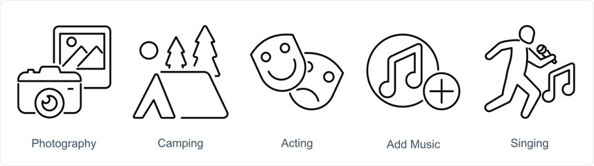 A set of 5 Hobby icons as photography, camping, acting