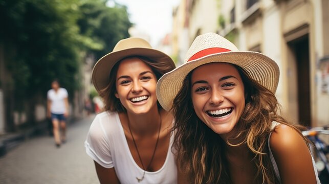 Two happy young women wearing hats outdoors
