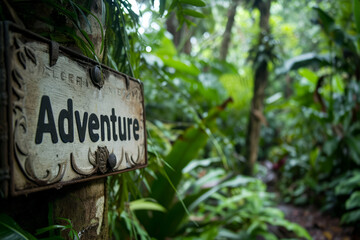 Adventure concept image with a sign with written word Adventure in a lush tropical forest