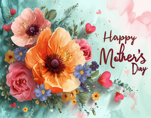 Happy mother's day greeting card , Poster or banner design with flowers on blue background - obrazy, fototapety, plakaty