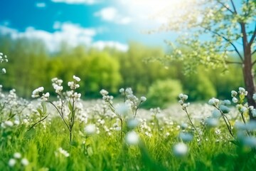 Banner with young plants growing in the forest. Seedlings growing in soil against the background of sunlight. Green world and Earth day concept. Early spring