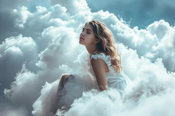 Young dreamy woman sitting on clouds thinking and looking at the sky like in a dream