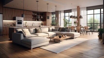 modern apartment living room with the kitchen. 3D rendering