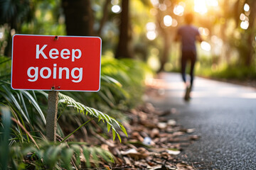Keep going concept image with red Keep going sign and legs of a runner doing jogging in a park