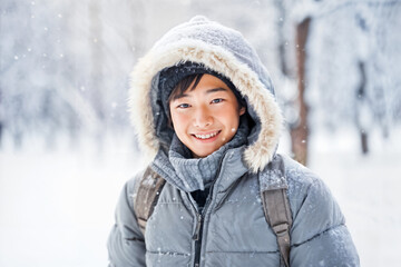 Boy Enjoying Winter Snowfall. Generative AI