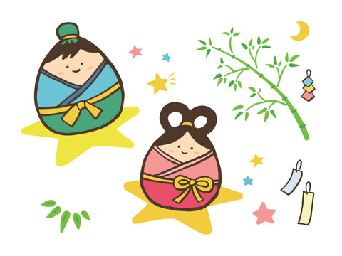 Cute July 7th Tanabata handwritten illustration of Orihime and Hikoboshi Vega and Altair 