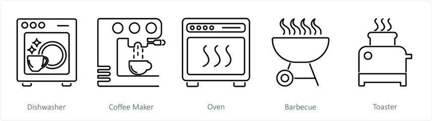 A set of 5 Home Appliance icons as dishwasher, coffee maker, oven