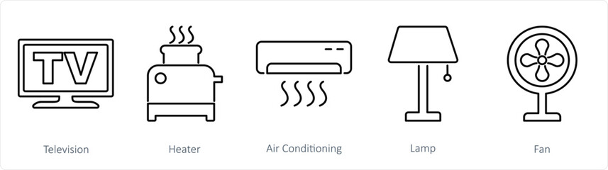 A set of 5 Home Appliance icons as television, heater, air conditioning - obrazy, fototapety, plakaty