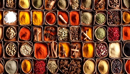 Fotobehang Beautiful Vast array of different spices, photojournalism, aerial top view, closeup depth of field, chroma, studio lighting, food photography. © Mithun