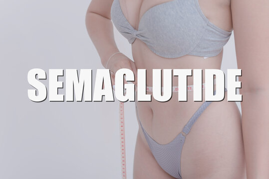 Weight loss aided by Semaglutide, a weight loss drug. Title with an anonymous woman in lingerie with a tape measure behind.