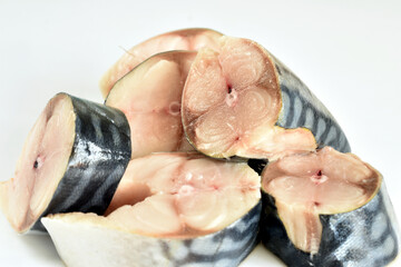 Raw pieces of mackerel fish, close-up.