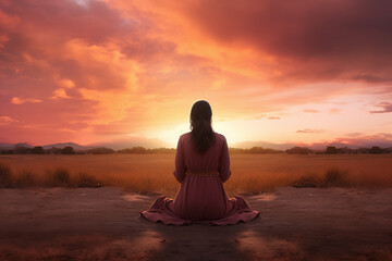Contemplative Woman Sitting in a Field at Dusk, Watching the Sun Set Below a Dramatic Orange Sky