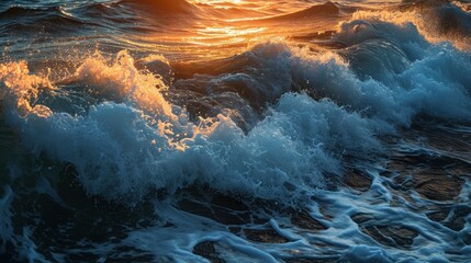 The sun sets over a turbulent sea, casting a golden glow over the dynamic waves