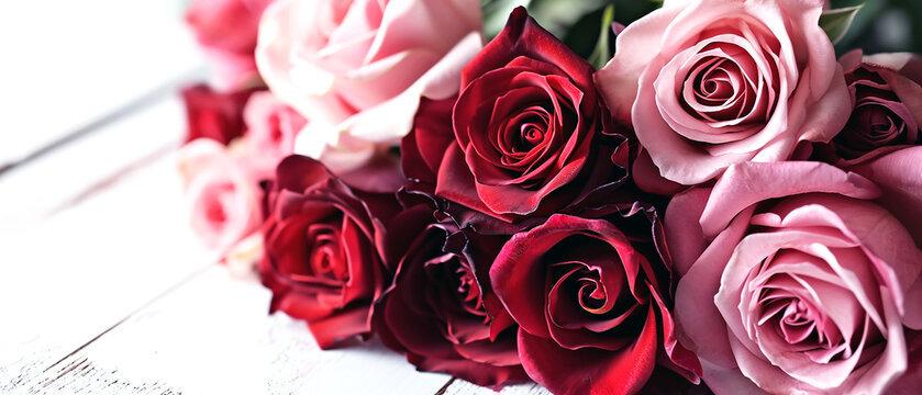 A bunch of pink and red roses on a white wooden table. Wide scale image with copyspace.