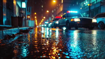 Fototapeta na wymiar Police cars with flashing lights parked on a wet city street at night