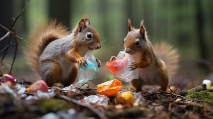 Squirrels playing with plastic waste, garbage dump left by human in forest. Environmental pollution - obrazy, fototapety, plakaty