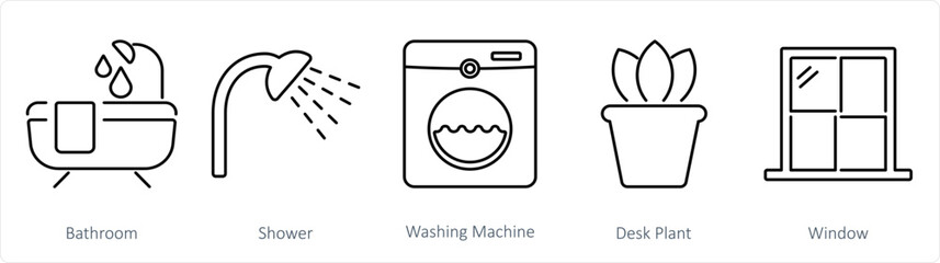 A set of 5 Home Interior icons as bathroom, shower, washing machine