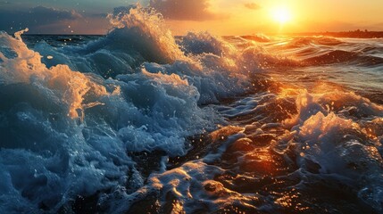 The sun sets over a turbulent sea, casting a golden glow over the dynamic waves - obrazy, fototapety, plakaty