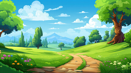 Country road in green meadow landscape illustration in cartoon style. Scenery background for game
