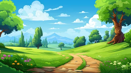 Crédence de cuisine en verre imprimé Vert-citron Country road in green meadow landscape illustration in cartoon style. Scenery background for game