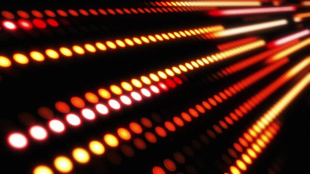 Abstract digital background with glowing neon lights and glowing random hi-tech dots. Bright light from lamps. Seamless looping 4k video..