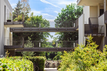 Building Bridge between Homes or Residential Houses.  Elevated Corridor Bridge as Element Design of...