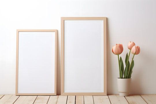 Two wooden empty picture frames next to tulip spring flowers in vase in front of white wall. Poster mockup